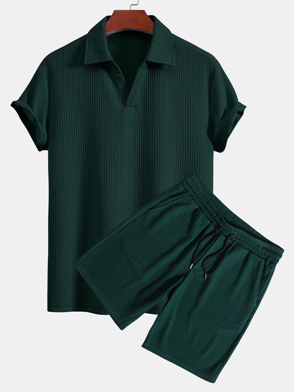 Textured V-Neck Polo & Shorts
